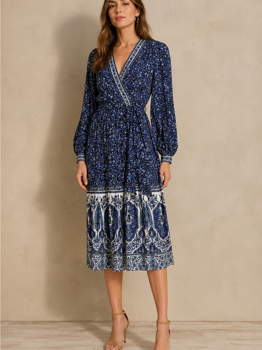 Kobi Halperin Andie Navy and White Paisley Floral Faux Wrap Midi Dress Medium